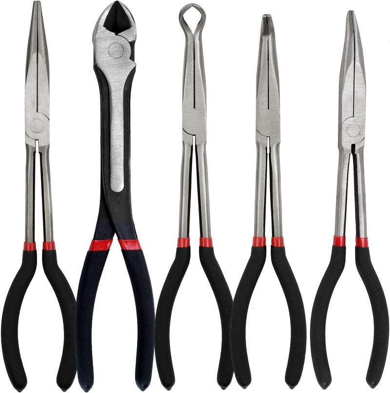 MFBJXC 5-Piece 11" Extra Long Needle Nose Pliers Set with Insulated Comfort Grip, Straight Long Reach Plier, 45/90°Bent Nose Pliers,O-shaped nose plier,Diagonal Plier for Bending Shaping Trimming - Image 1